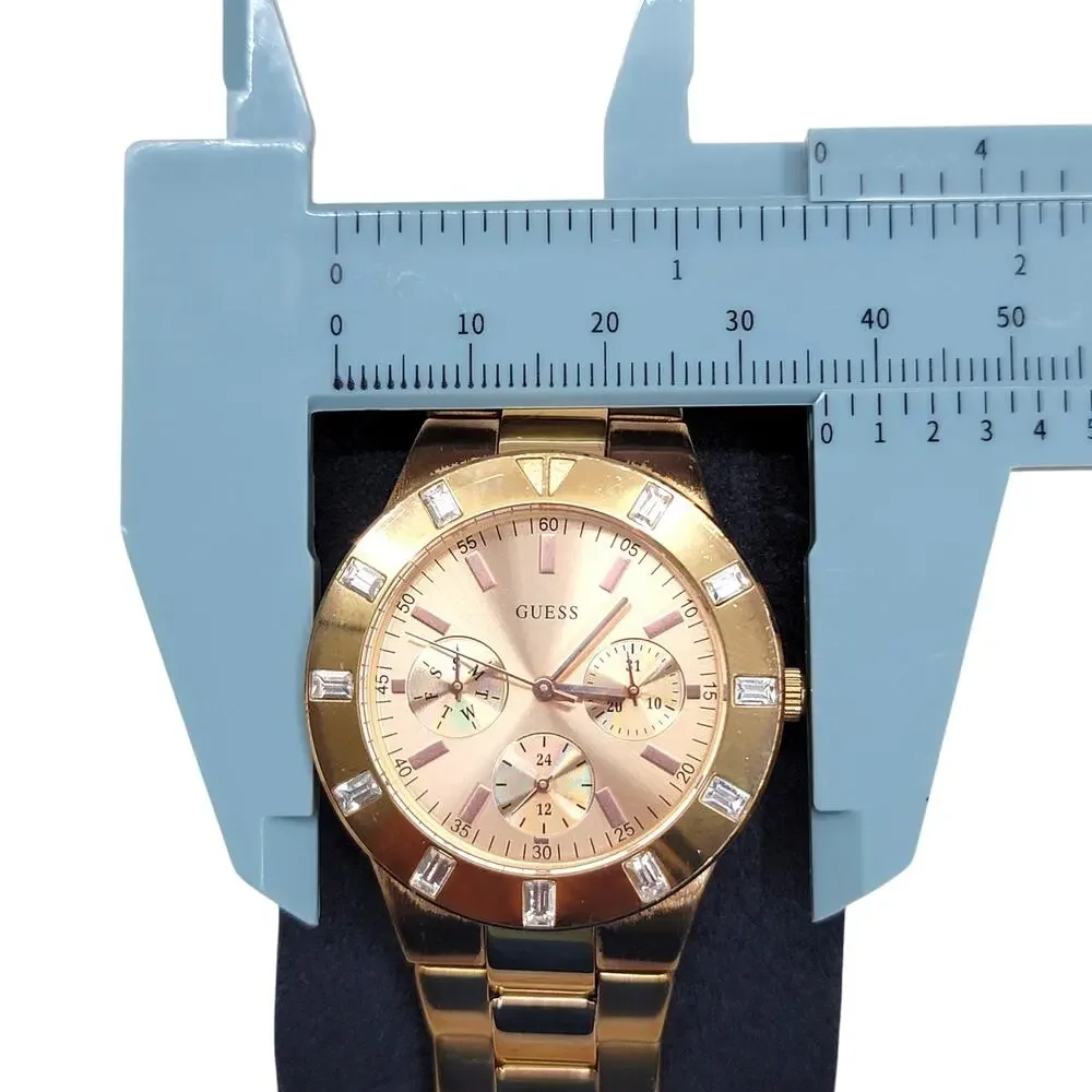 Guess Waterpro Womens Watch Rose Gold Tone Baguette Crystal Bezel Day Date